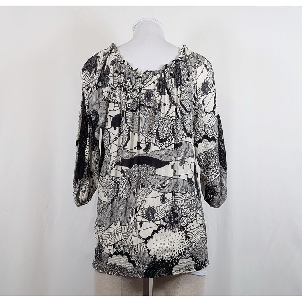 Desigual Top Black White Crinkle Melina Floral Print Peasant Women's Size S - Picture 5 of 7